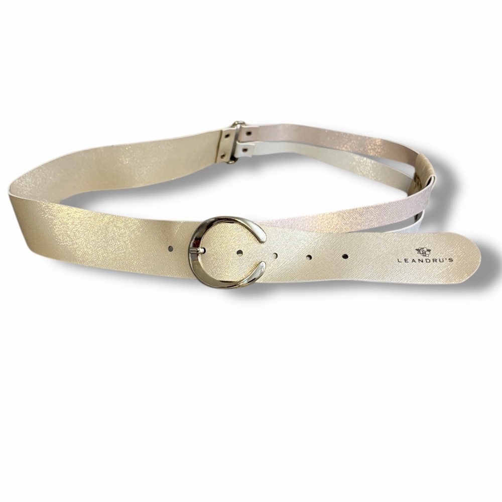 LEANDRU'S Cream & Gold Soft Leather Belt Silver-Tone Ring Buckle One Size